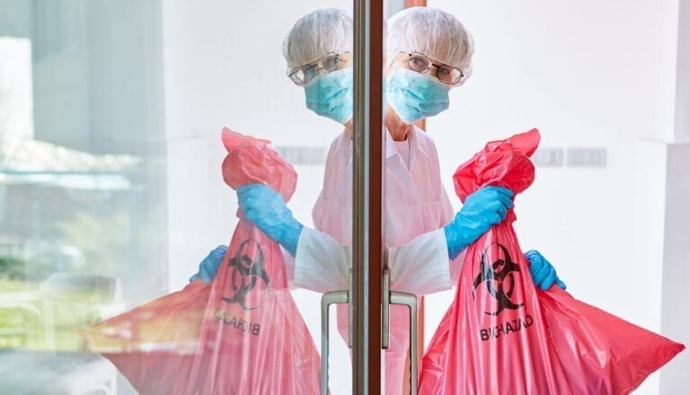 Lab worker handling biohazard waste bags safely.