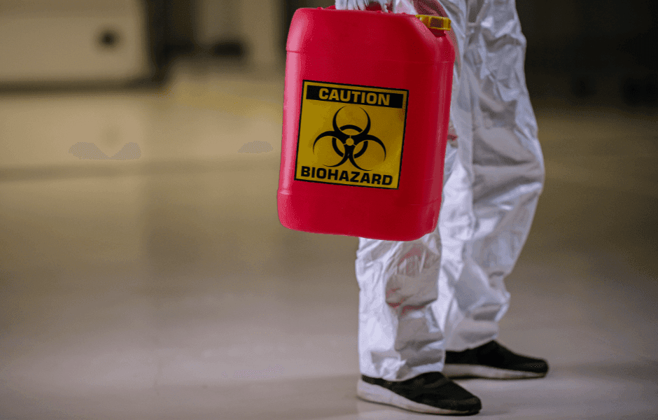 Person holding biohazard container in protective suit.