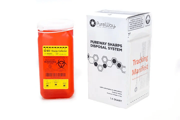 Sharps disposal container and box with warning labels.