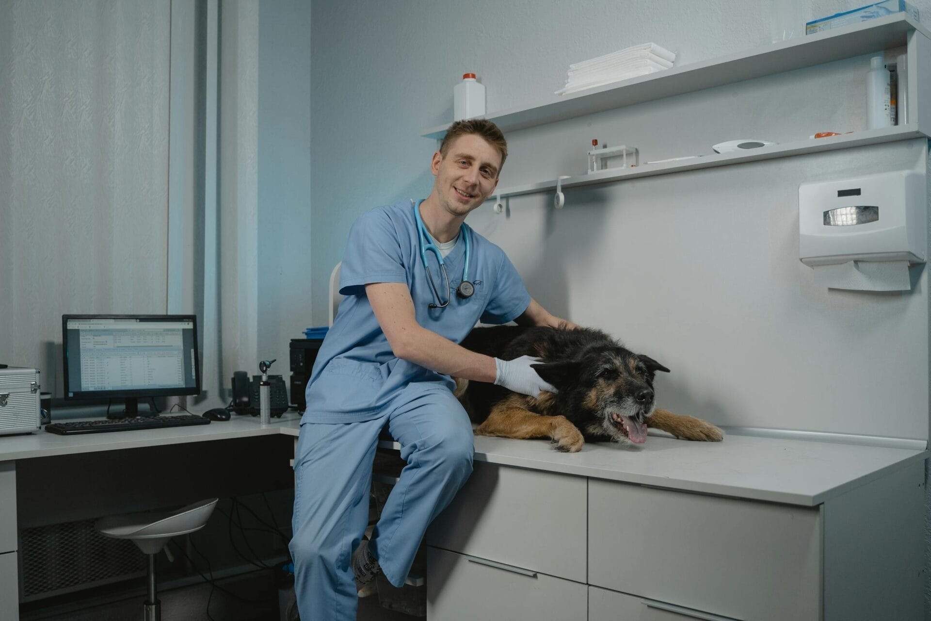 Veterinarian smiling with dog in examination room.
