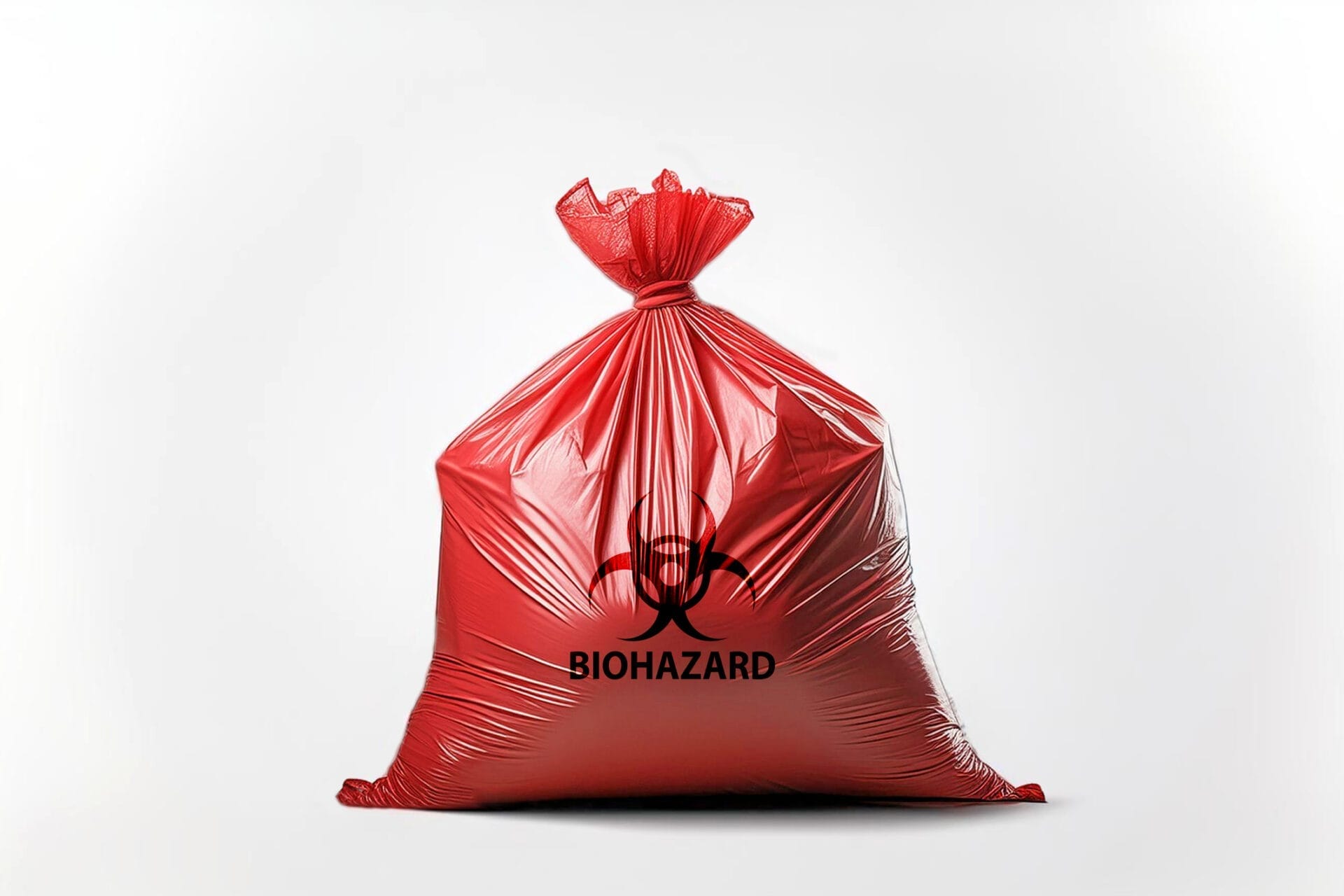 Red bio-hazard bag containing medical waste on white background