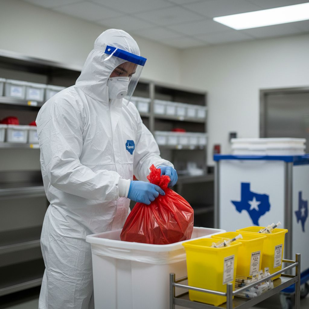 Healthcare professional safely handling biohazard waste in a Texas medical facility
