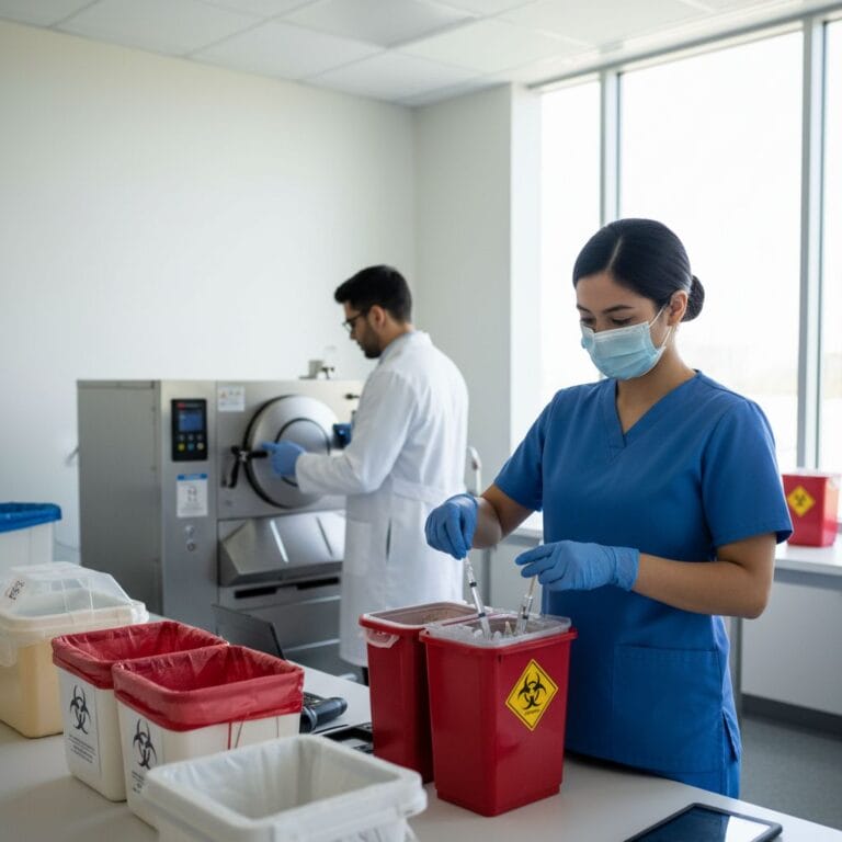 Diverse healthcare team safely disposing medical waste in modern Texas facility