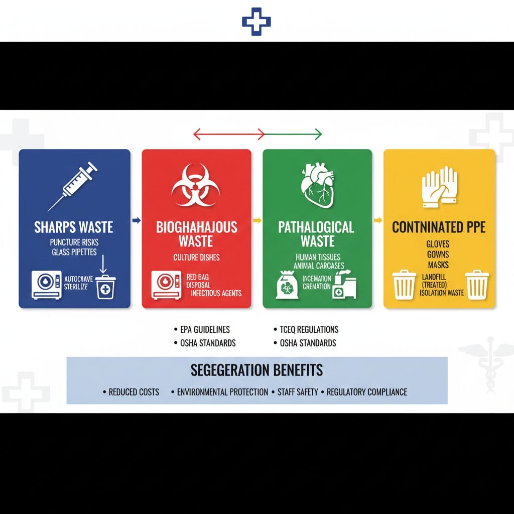 Infographic depicting classification and handling of medical waste types including sharps, biohazardous, pathological, and PPE with regulatory notes.