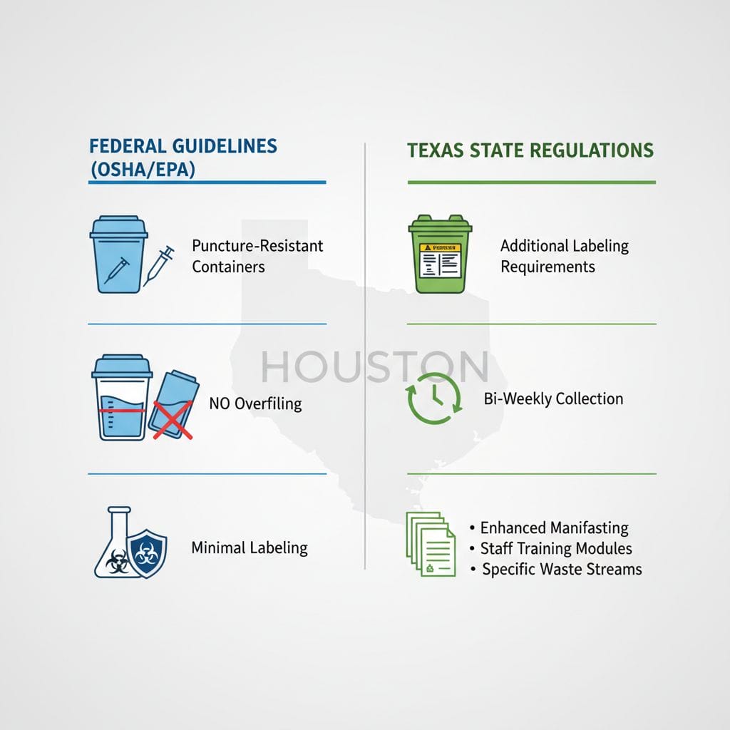 Infographic comparing federal and Texas sharps disposal guidelines with icons and key specs