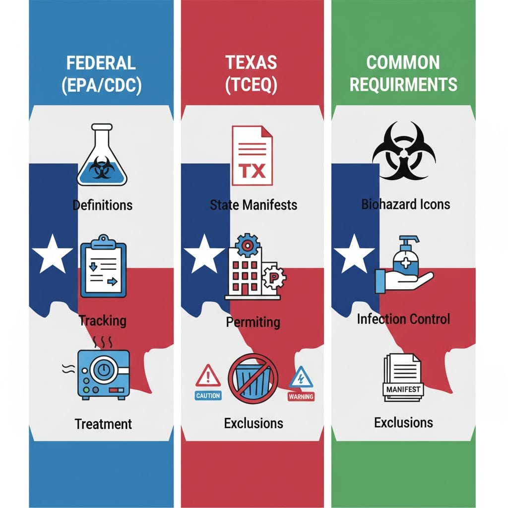 Visual comparison of federal and Texas medical waste regulations using icons and color-coded columns